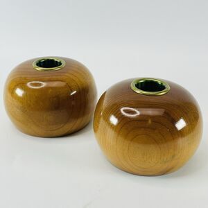 VTG Myrtlewood Taper Candle Holders Set of 2 Ball Shaped Brass Insert Oregon Art